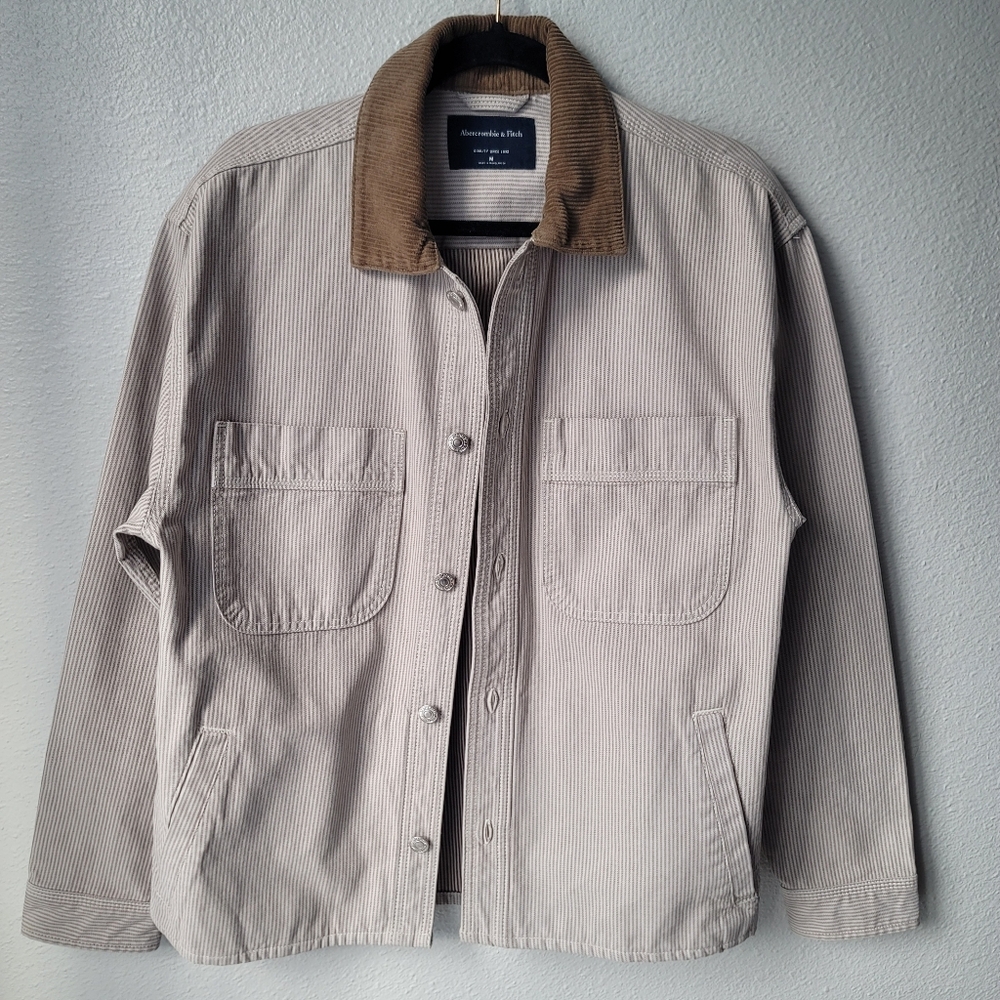 Abercrombie & Fitch Men's Striped Chore Shacket Size Medium In Hickory Striped